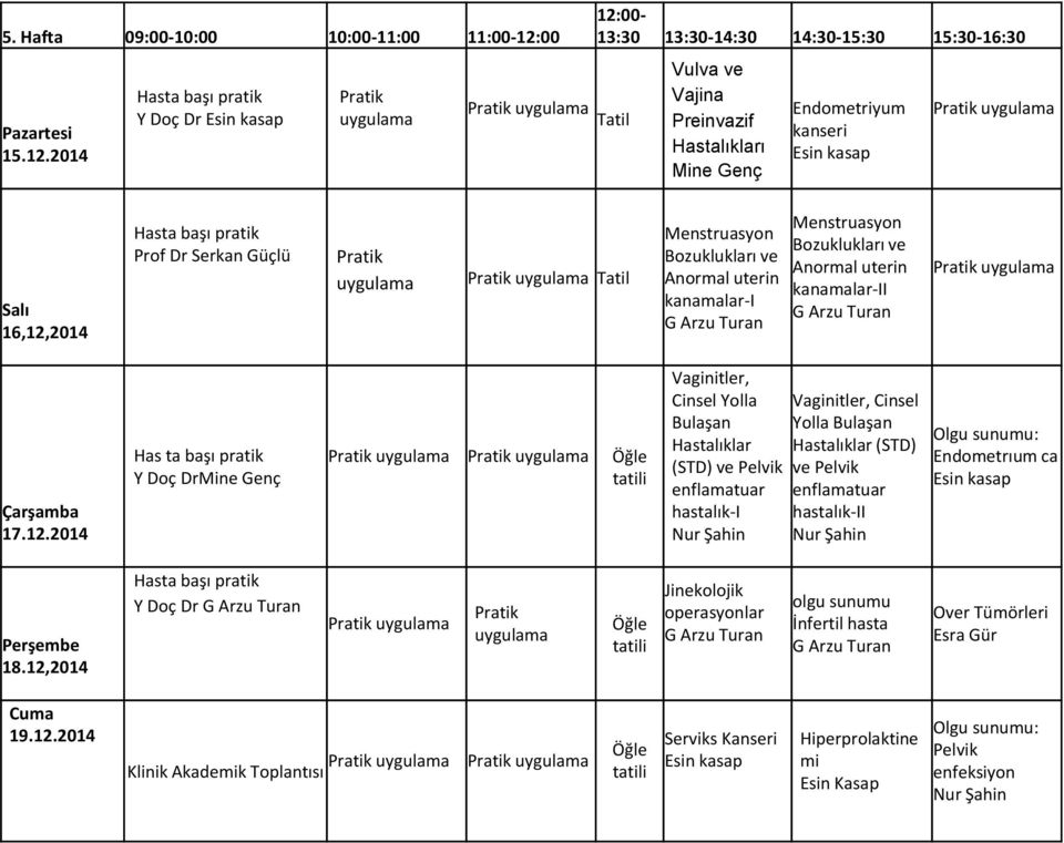 2014 Tatil 12:00-13:30 13:30-14:30 14:30-15:30 15:30-16:30 Vulva ve Vajina Preinvazif Hastalıkları Endometriyum kanseri 16,12,2014 Prof Dr Tatil Menstruasyon Bozuklukları ve