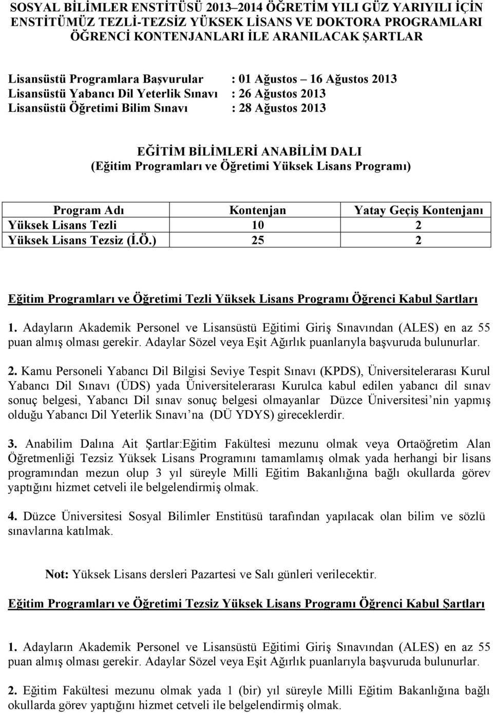 ve Öğretimi Yüksek Lisans Programı) Yüksek Lisans Tezli 10 2 Yüksek Lisans Tezsiz (İ.Ö.) 25 2 Eğitim Programları ve Öğretimi Tezli Yüksek Lisans Programı Öğrenci Kabul Şartları 1.