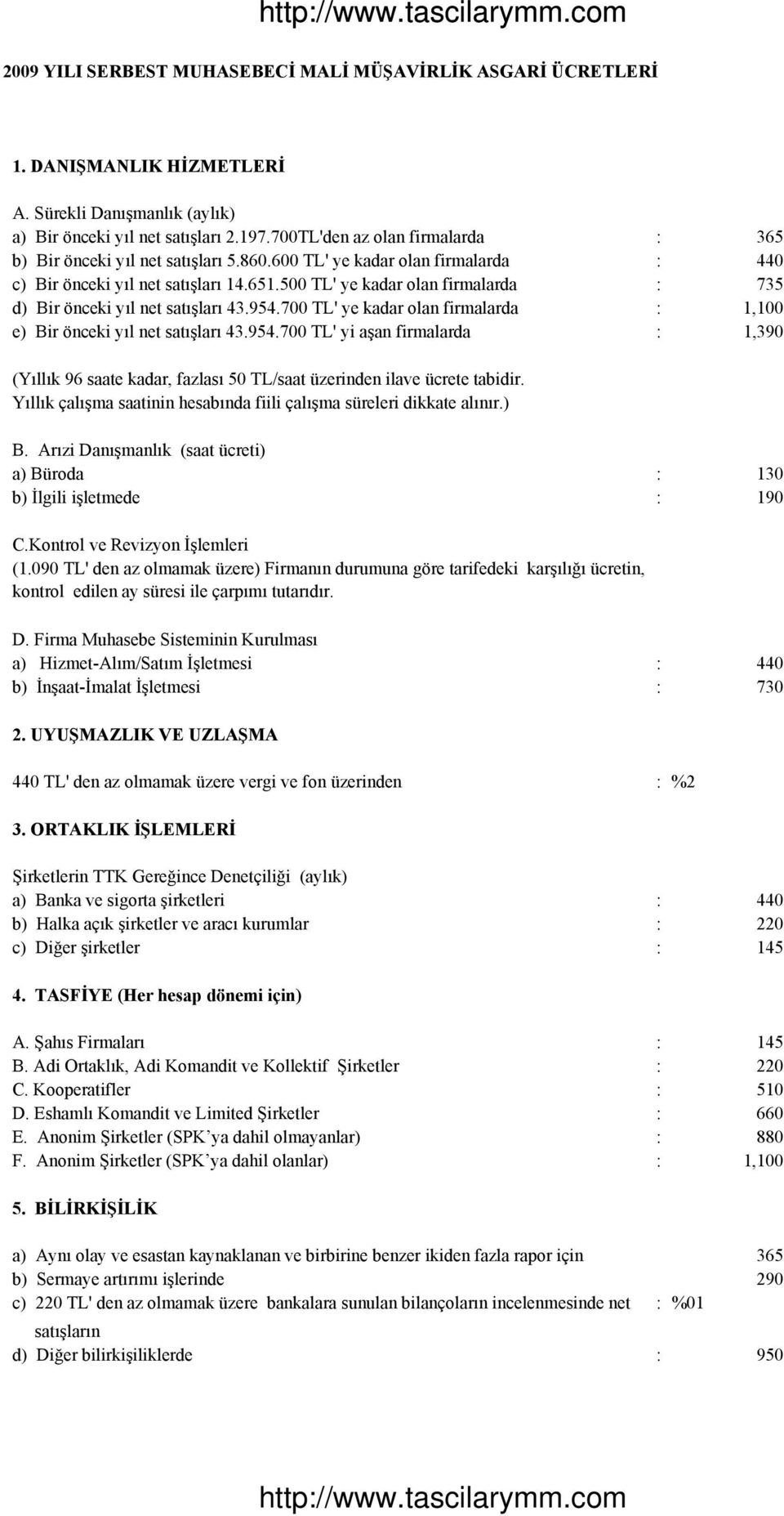 500 TL' ye kadar olan firmalarda : 735 d) Bir önceki yıl net satışları 43.954.700 TL' ye kadar olan firmalarda : 1,100 e) Bir önceki yıl net satışları 43.954.700 TL' yi aşan firmalarda : 1,390 (Yıllık 96 saate kadar, fazlası 50 TL/saat üzerinden ilave ücrete tabidir.