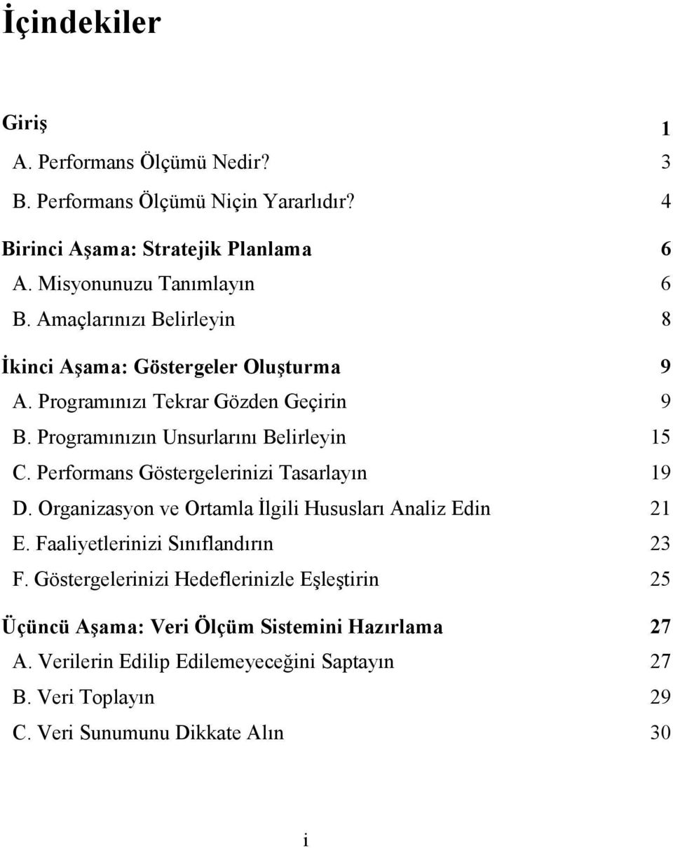 Performans Göstergelerinizi Tasarlayõn 19 D. Organizasyon ve Ortamla İlgili Hususlarõ Analiz Edin 21 E. Faaliyetlerinizi Sõnõflandõrõn 23 F.