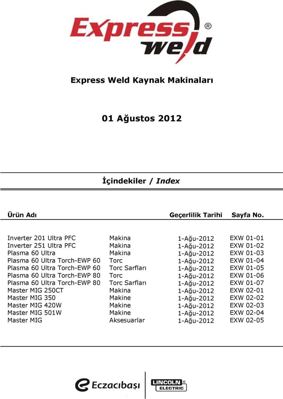Express Weld Kaynak Makinaları 01 Ağustos 2012 İçindekiler / Index Ürün Adı  Geçerlilik Tarihi Sayfa No. - PDF Ücretsiz indirin