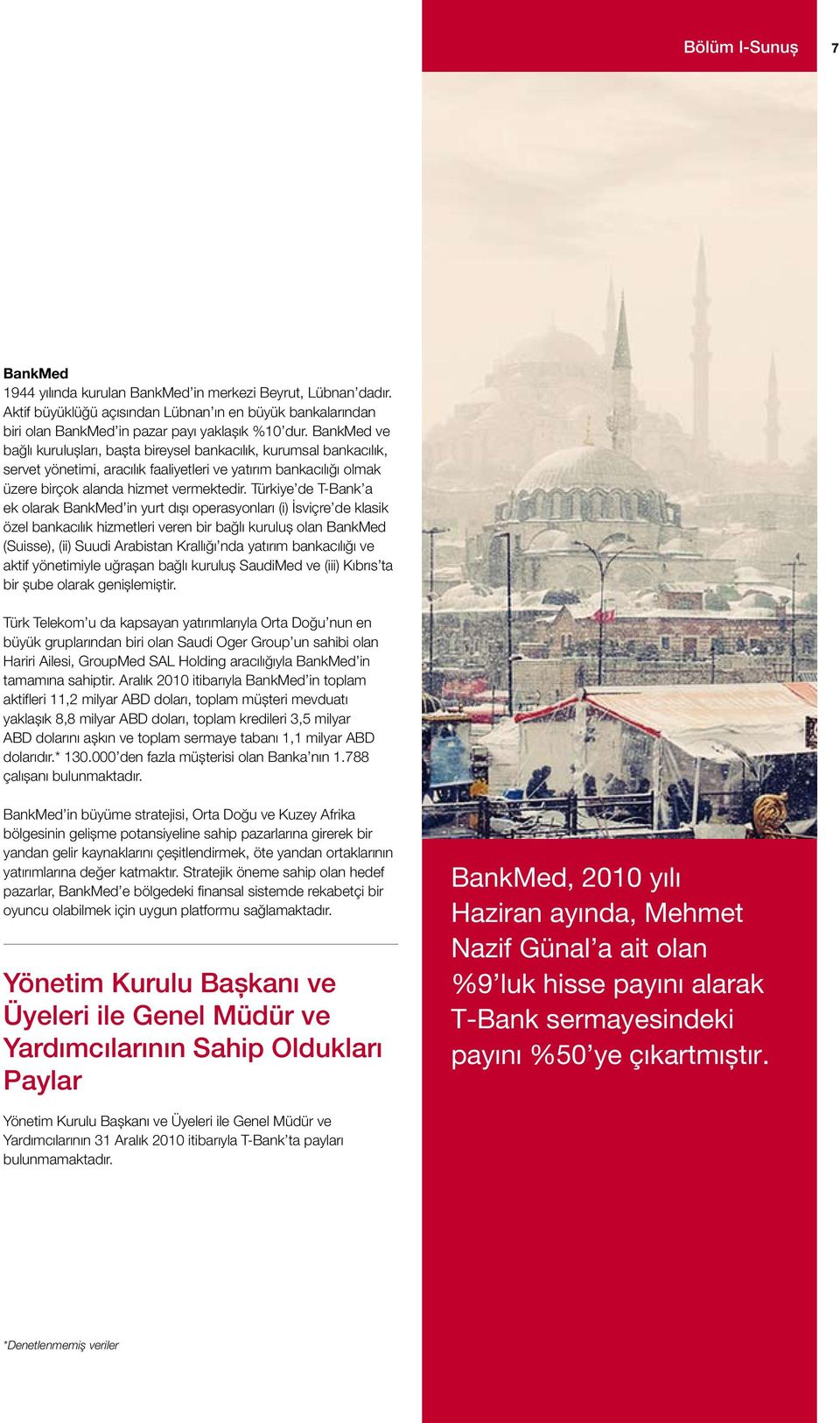 Türkiye de T-Bank a ek olarak BankMed in yurt dışı operasyonları (i) İsviçre de klasik özel bankacılık hizmetleri veren bir bağlı kuruluş olan BankMed (Suisse), (ii) Suudi Arabistan Krallığı nda