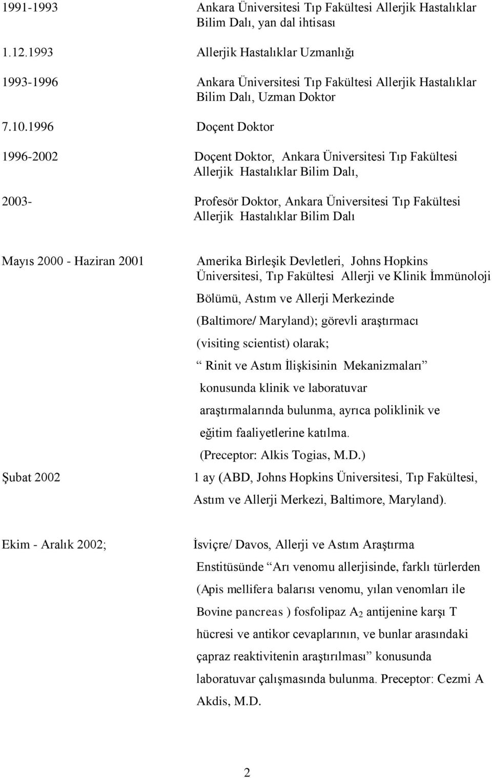 1996 Doçent Doktor 1996-2002 Doçent Doktor, Ankara Üniversitesi Tıp Fakültesi Allerjik Hastalıklar Bilim Dalı, 2003- Profesör Doktor, Ankara Üniversitesi Tıp Fakültesi Allerjik Hastalıklar Bilim Dalı