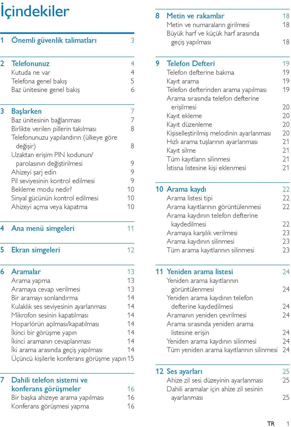 10 Sinyal gücünün kontrol edilmesi 10 Ahizeyi açma veya kapatma 10 4 Ana menü simgeleri 11 5 Ekran simgeleri 12 6 Aramalar 13 Arama yapma 13 Aramaya cevap verilmesi 13 Bir aramayı sonlandırma 14