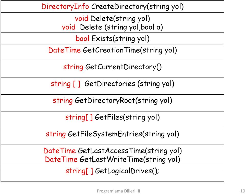 (string yol) string GetDirectoryRoot(string yol) string[ ] GetFiles(string yol) string GetFileSystemEntries(string