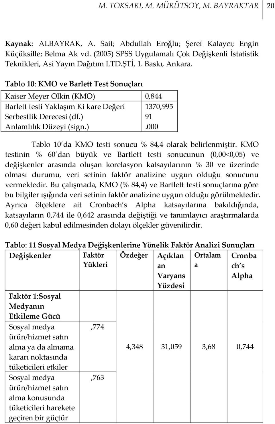 Tablo 10: KMO ve Barlett Test Sonuçları Kaiser Meyer Olkin (KMO) 0,844 Barlett testi Yaklaşım Ki kare Değeri 1370,995 Serbestlik Derecesi (df.) 91 Anlamlılık Düzeyi (sign.).000 Tablo 10 da KMO testi sonucu % 84,4 olarak belirlenmiştir.