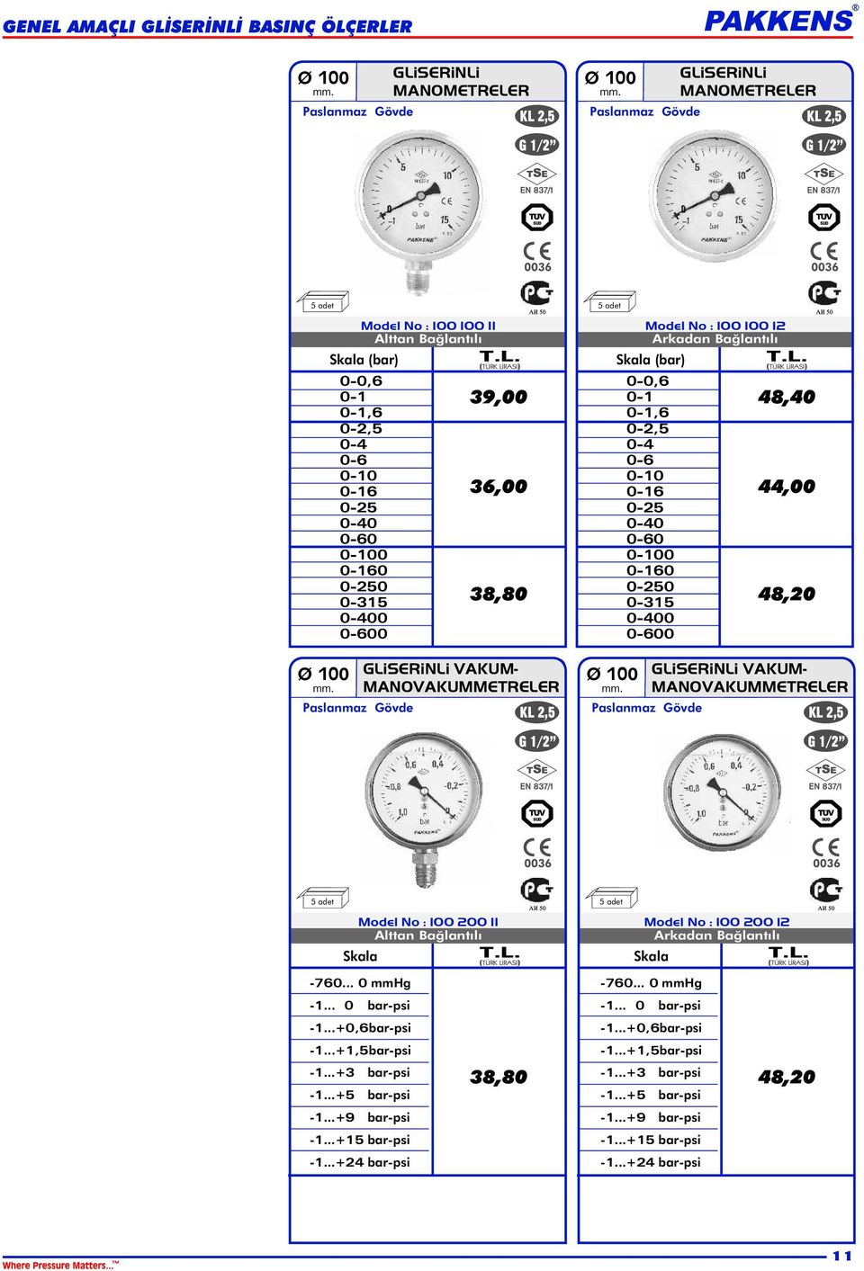 MANVAKUMMETRELER Model No : 100 100 12 Skala (bar) 0 48,40 44,00 48,20 GLiSERiNLi