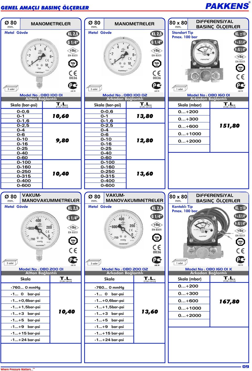 Skala (bar-psi) Ø 80 0 13,80 12,80 13,60 VAKUM- MANVAKUMMETRELER G 1/8 1/4 Model No : 080 160 01 Skala (mbar) 0...+200 0...+300 0...+600 0...+1000 0.