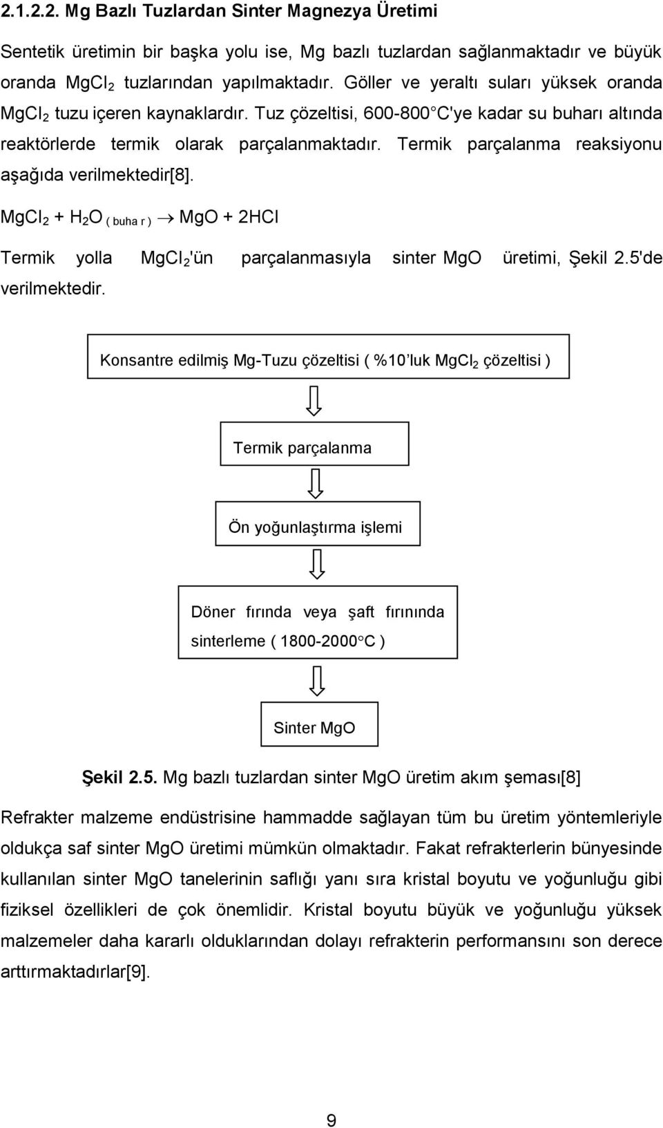 Termik parçalanma reaksiyonu aşağıda verilmektedir[8]. MgCI 2 + H 2 O ( buha r ) MgO + 2HCI Termik yolla MgCI 2 'ün parçalanmasıyla sinter MgO üretimi, Şekil 2.5'de verilmektedir.