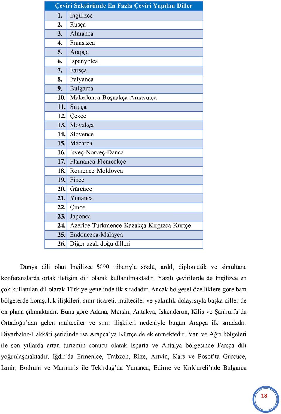 Azerice-Türkmence-Kazakça-Kırgızca-Kürtçe 25. Endonezca-Malayca 26.