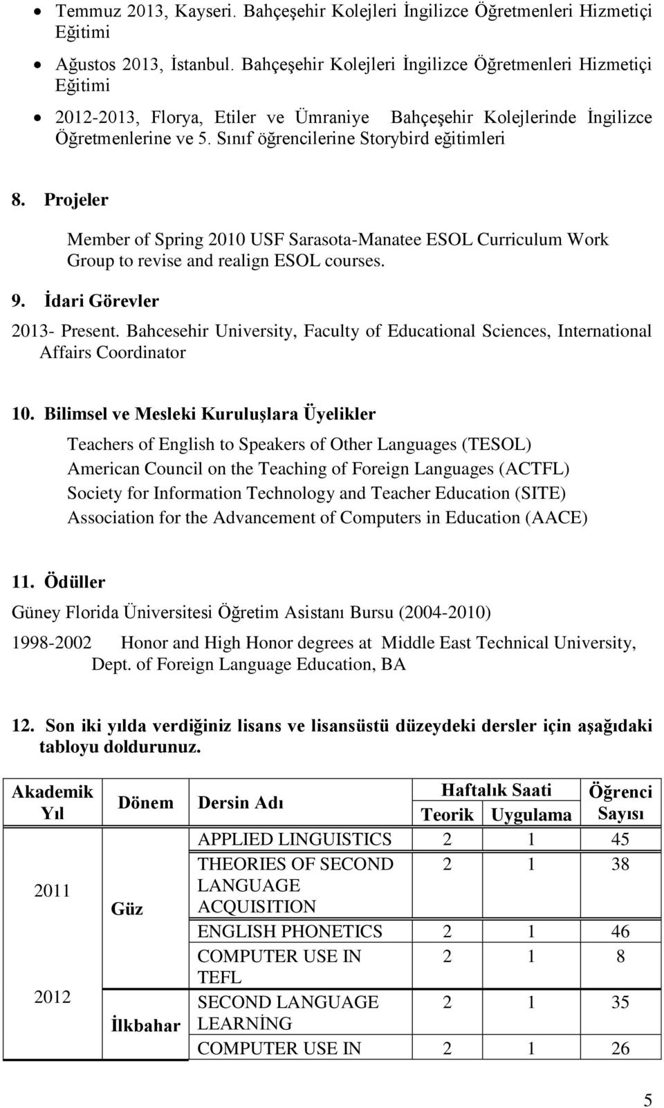 Projeler Member of Spring 2010 USF Sarasota-Manatee ESOL Curriculum Work Group to revise and realign ESOL courses. 9. İdari Görevler 2013- Present.