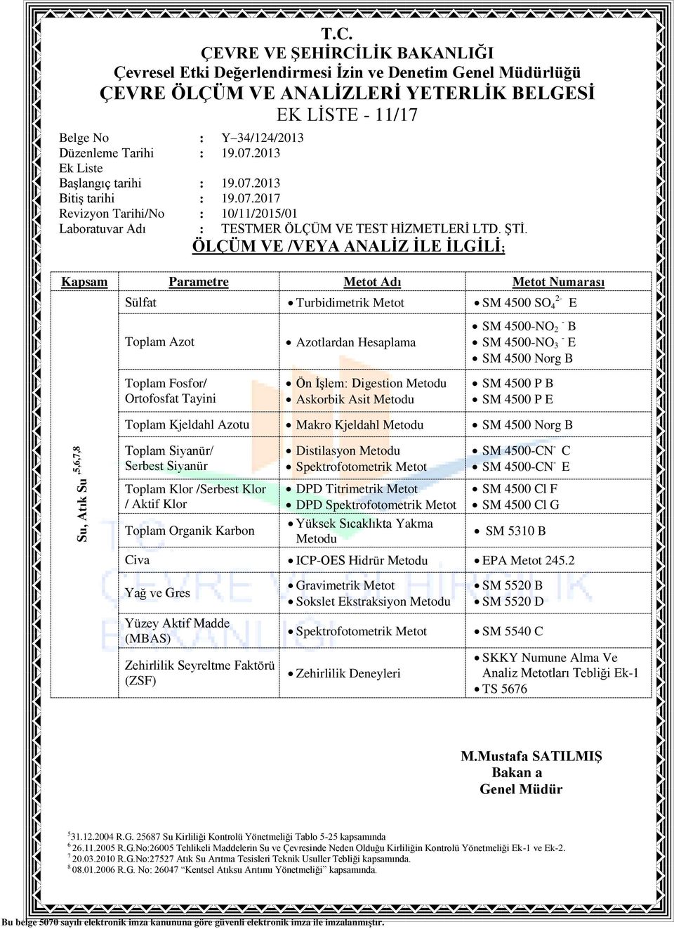 Klor /Serbest Klor / Aktif Klor Toplam Organik Karbon Distilasyon Spektrofotometrik Metot DPD Titrimetrik Metot DPD Spektrofotometrik Metot Yüksek Sıcaklıkta Yakma SM 4500-CN - C SM 4500-CN - E SM