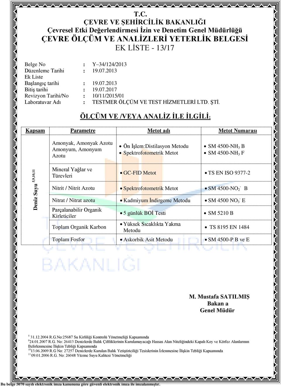 Kadmiyum İndirgeme SM 4500 NO 3 - E Parçalanabilir Organik Kirleticiler Toplam Organik Karbon 5 günlük BOİ Testi Yüksek Sıcaklıkta Yakma SM 5210 B B TS 8195 EN 1484 Toplam Fosfor Askorbik Asit SM