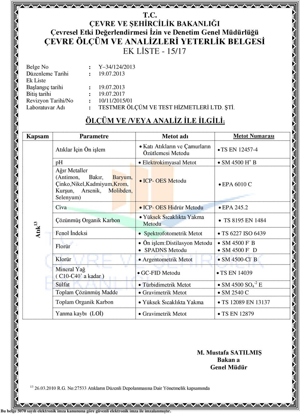 2 Çözünmüş Organik Karbon Yüksek Sıcaklıkta Yakma TS 8195 EN 1484 Fenol İndeksi Spektrofotometrik Metot TS 6227 ISO 6439 Florür Ön işlem:distilasyon SPADNS SM 4500 F - B SM 4500 F - D Klorür