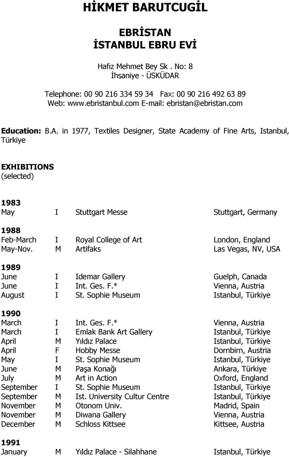 in 1977, Textiles Designer, State Academy of Fine Arts, Istanbul, Türkiye EXHIBITIONS (selected) 1983 May I Stuttgart Messe Stuttgart, Germany 1988 Feb-March I Royal College of Art London, England