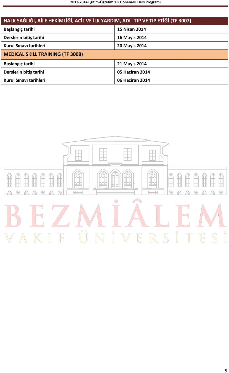 tarihleri 20 Mayıs 2014 MEDICAL SKILL TRAINING (TF 3008) Başlangıç tarihi 21