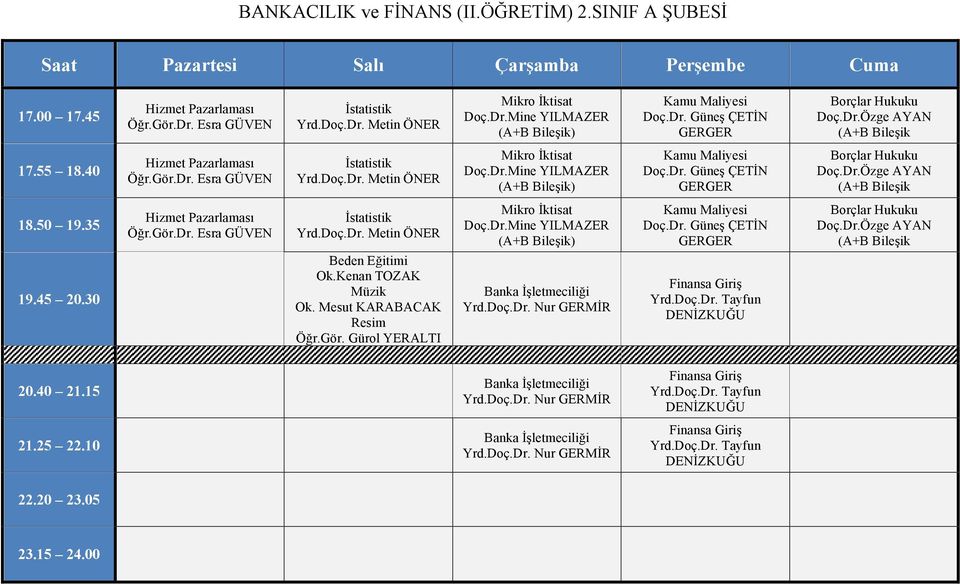 SINIF A ŞUBESİ Beden Eğitimi Ok.