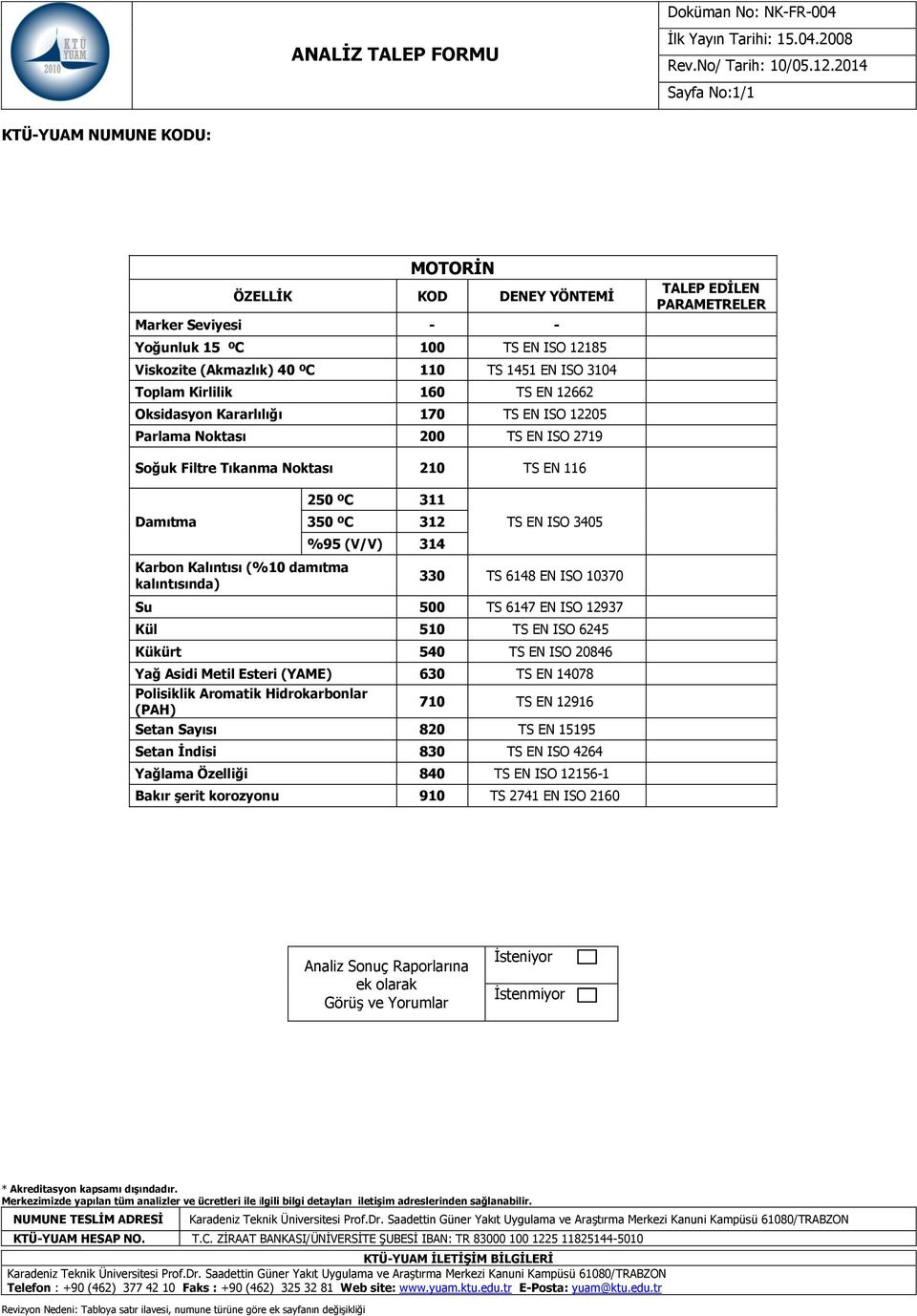 314 TS EN ISO 3405 330 TS 6148 EN ISO 10370 Su 500 TS 6147 EN ISO 12937 Kül 510 TS EN ISO 6245 Yağ Asidi Metil Esteri (YAME) 630 TS EN 14078 Polisiklik Aromatik