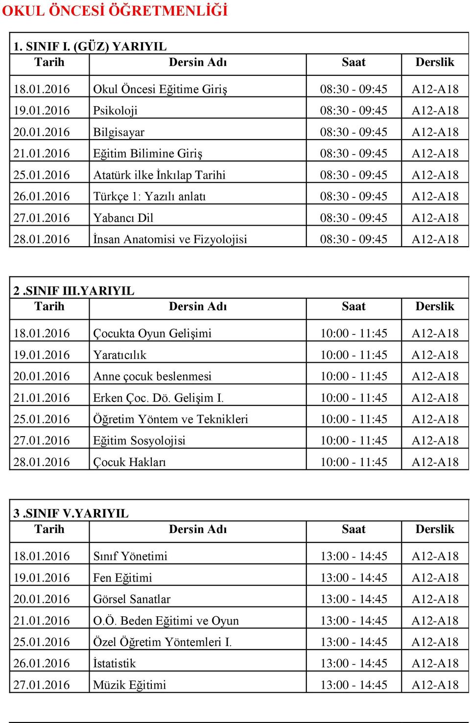 SINIF III.YARIYIL 18.01.2016 Çocukta Oyun Gelişimi 10:00-11:45 A12-A18 19.01.2016 Yaratıcılık 10:00-11:45 A12-A18 20.01.2016 Anne çocuk beslenmesi 10:00-11:45 A12-A18 21.01.2016 Erken Çoc. Dö.