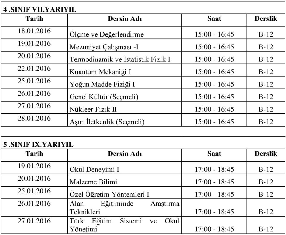 İstatistik Fizik I 15:00-16:45 B-12 Kuantum Mekaniği I 15:00-16:45 B-12 Yoğun Madde Fiziği I 15:00-16:45 B-12 Genel Kültür (Seçmeli) 15:00-16:45 B-12 Nükleer Fizik II 15:00-16:45