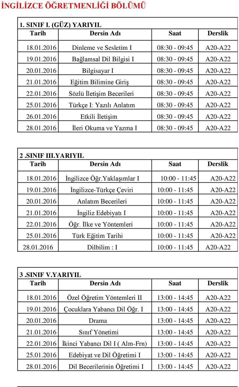 01.2016 İleri Okuma ve Yazma I 08:30-09:45 A20-A22 2.SINIF III.YARIYIL 18.01.2016 İngilizce Öğr.Yaklaşımlar I 10:00-11:45 A20-A22 19.01.2016 İngilizce-Türkçe Çeviri 10:00-11:45 A20-A22 20.01.2016 Anlatım Becerileri 10:00-11:45 A20-A22 21.