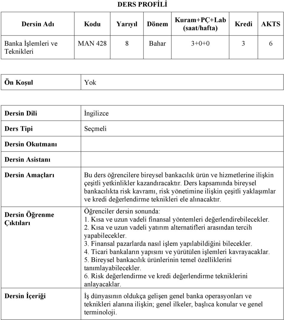 Ders kapsamında bireysel bankacılıkta risk kavramı, risk yönetimine ilişkin çeşitli yaklaşımlar ve kredi değerlendirme teknikleri ele alınacaktır. Öğrenciler dersin sonunda: 1.