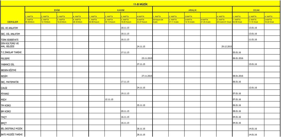 01.2016 SEÇ. MATEMATİK 17.11.15 06.01.16 ÇALGI 24.11.15 12.01.16 PİYANO 19.11.15 07.01.16 MİOY 12.11.15 07.01.16 TM KORO 25.11.15 06.01.16 BM KORO 20.