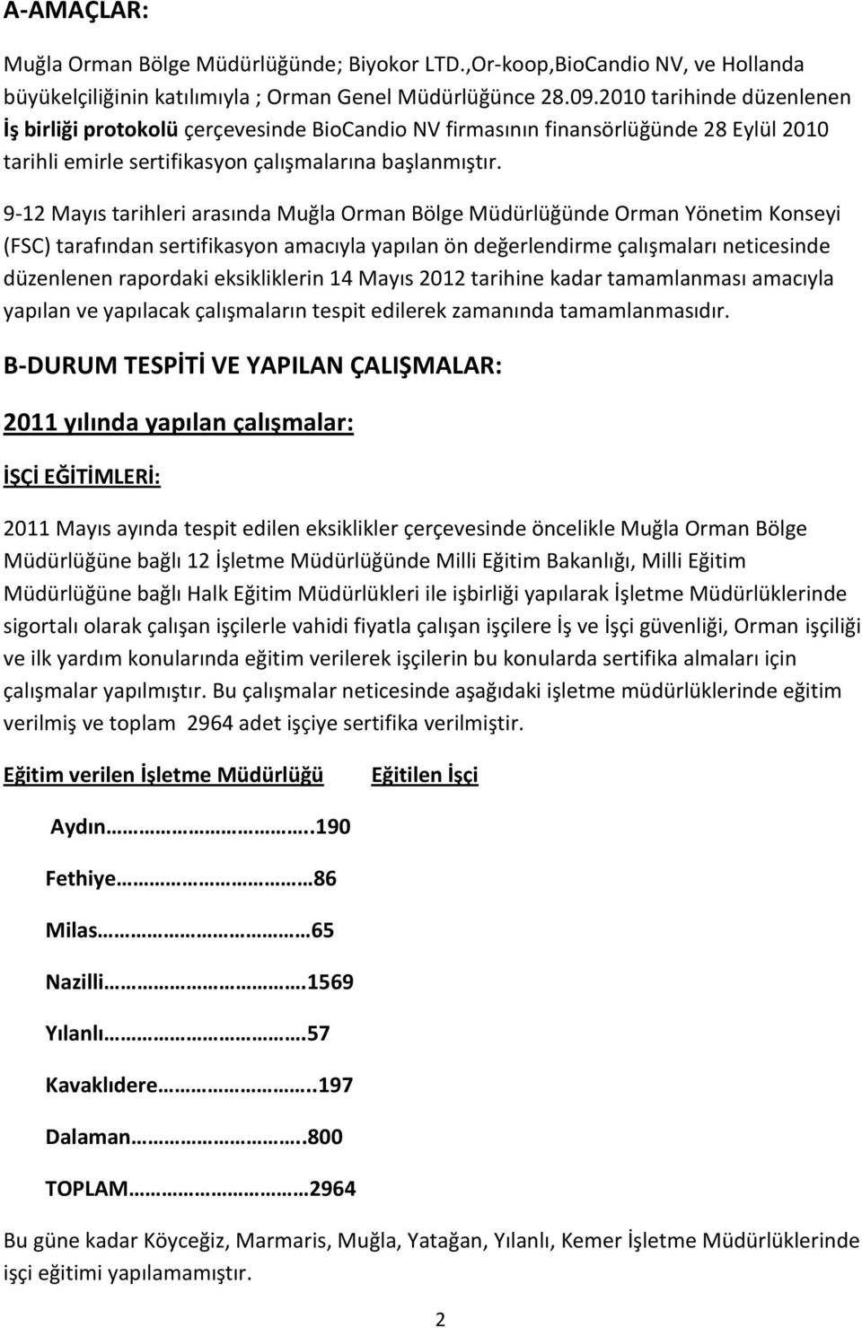 9-12 Mayıs tarihleri arasında Muğla Orman Bölge Müdürlüğünde Orman Yönetim Konseyi (FSC) tarafından sertifikasyon amacıyla yapılan ön değerlendirme çalışmaları neticesinde düzenlenen rapordaki