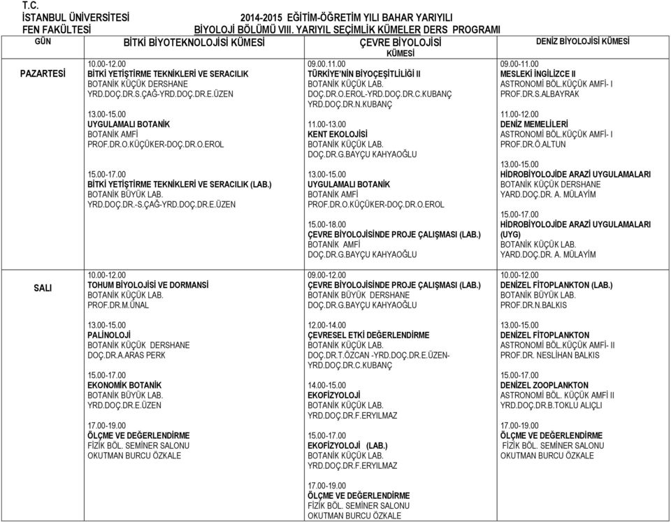 00-18.00 ÇEVRE BİYOLOJİSİNDE PROJE ÇALIŞMASI (LAB.) DENİZ BİYOLOJİSİ KÜMESİ ASTRONOMİ BÖL.KÜÇÜK AMFİ- I PROF.DR.S.ALBAYRAK DENİZ MEMELİLERİ ASTRONOMİ BÖL.KÜÇÜK AMFİ- I PROF.DR.Ö.ALTUN HİDROBİYOLOJİDE ARAZİ UYGULAMALARI YARD.