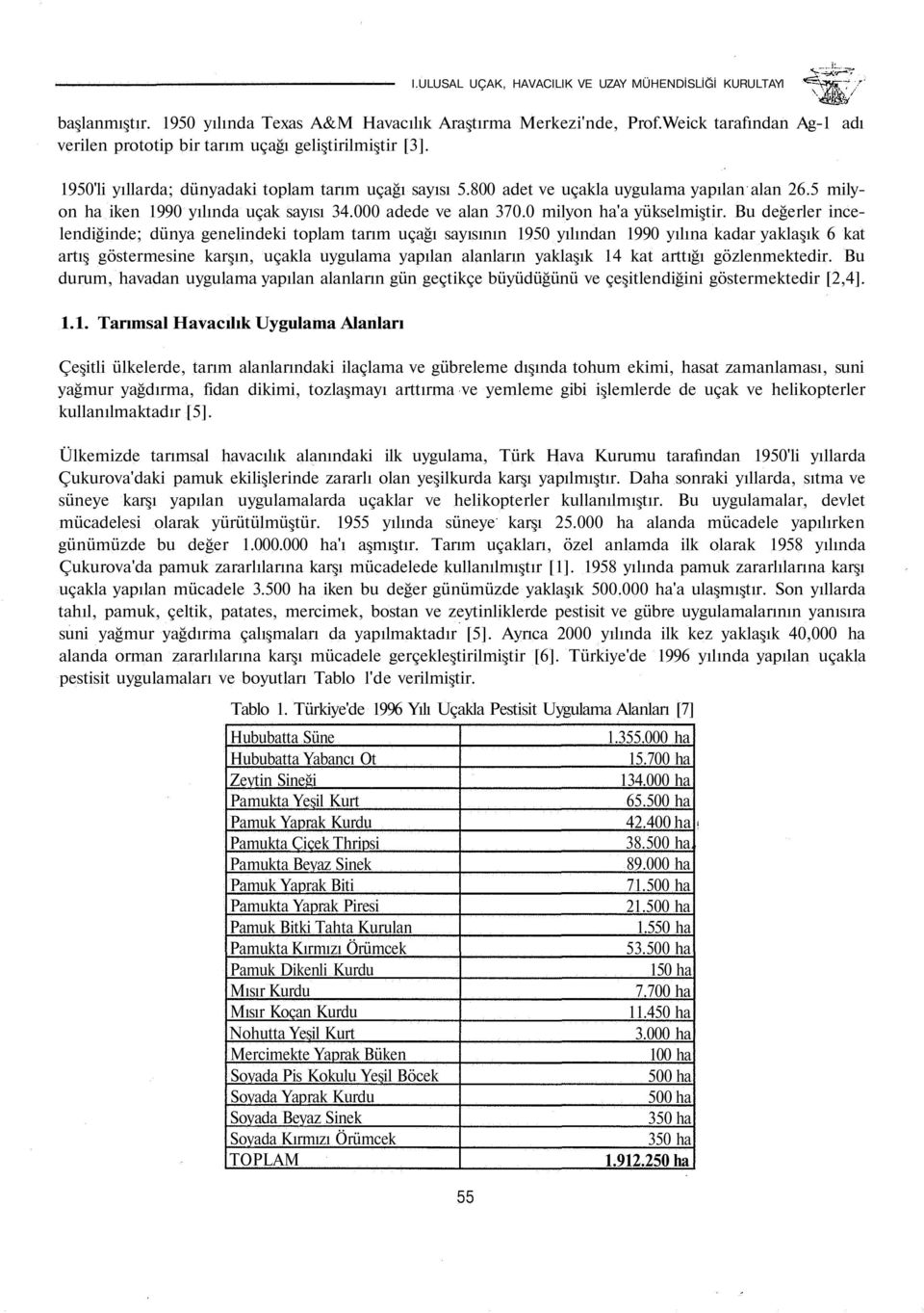 Bu değerler incelendiğinde; dünya genelindeki toplam tarım uçağı sayısının 1950 yılından 1990 yılına kadar yaklaşık 6 kat artış göstermesine karşın, uçakla uygulama yapılan alanların yaklaşık 14 kat