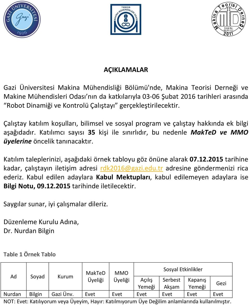 Katılımcı sayısı 35 kişi ile sınırlıdır, bu nedenle MakTeD ve MMO üyelerine öncelik tanınacaktır. Katılım taleplerinizi, aşağıdaki örnek tabloyu göz önüne alarak 07.12.