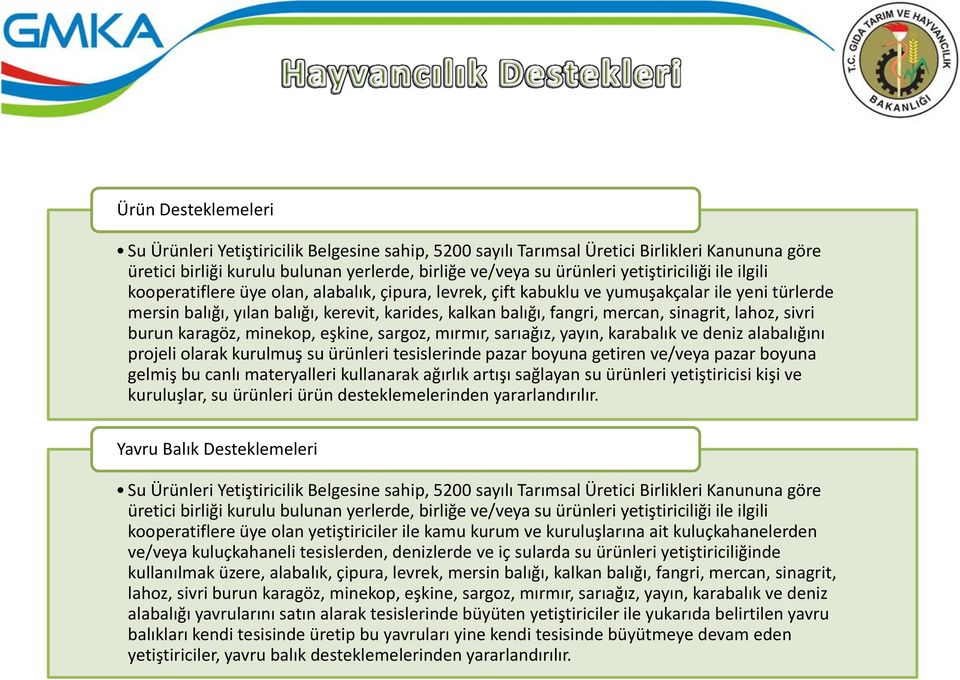 mercan, sinagrit, lahoz, sivri burun karagöz, minekop, eşkine, sargoz, mırmır, sarıağız, yayın, karabalık ve deniz alabalığını projeli olarak kurulmuş su ürünleri tesislerinde pazar boyuna getiren