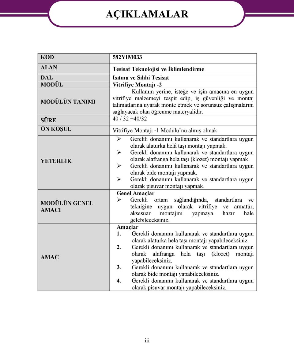 SÜRE 40 / 32 +40/32 ÖN KOŞUL YETERLİK MODÜLÜN GENEL AMACI AMAÇ AÇIKLAMALAR Vitrifiye Montajı -1 Modülü nü almış olmak.