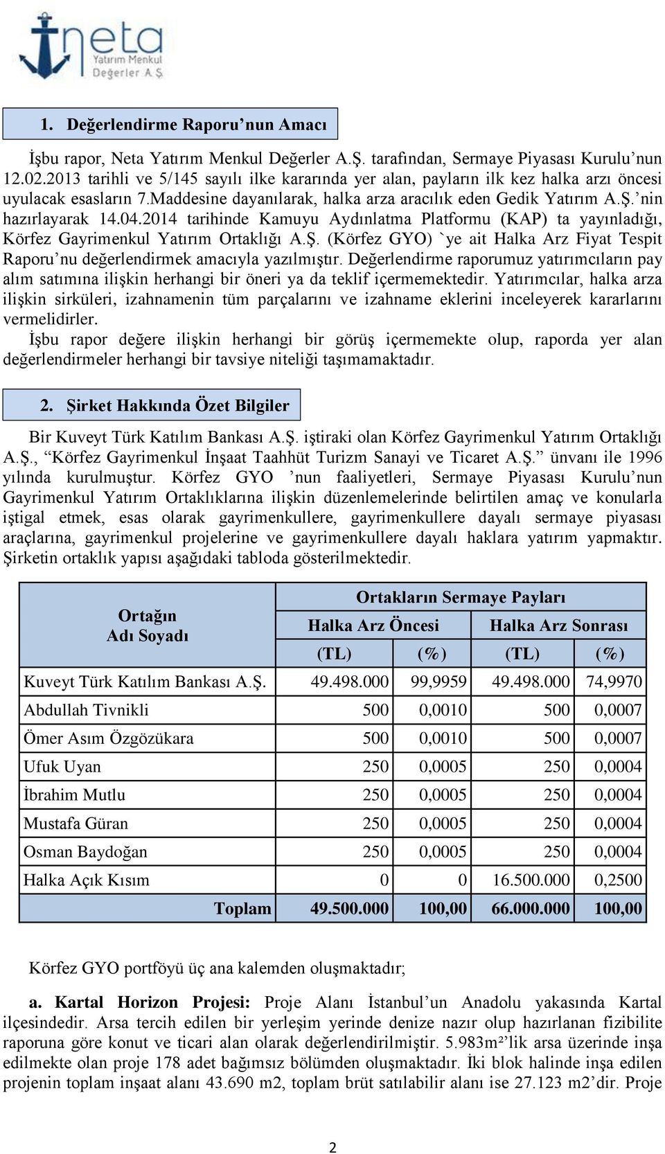 2014 tarihinde Kamuyu Aydınlatma Platformu (KAP) ta yayınladığı, Körfez Gayrimenkul Yatırım Ortaklığı A.Ş. (Körfez GYO) `ye ait Halka Arz Fiyat Tespit Raporu nu değerlendirmek amacıyla yazılmıştır.