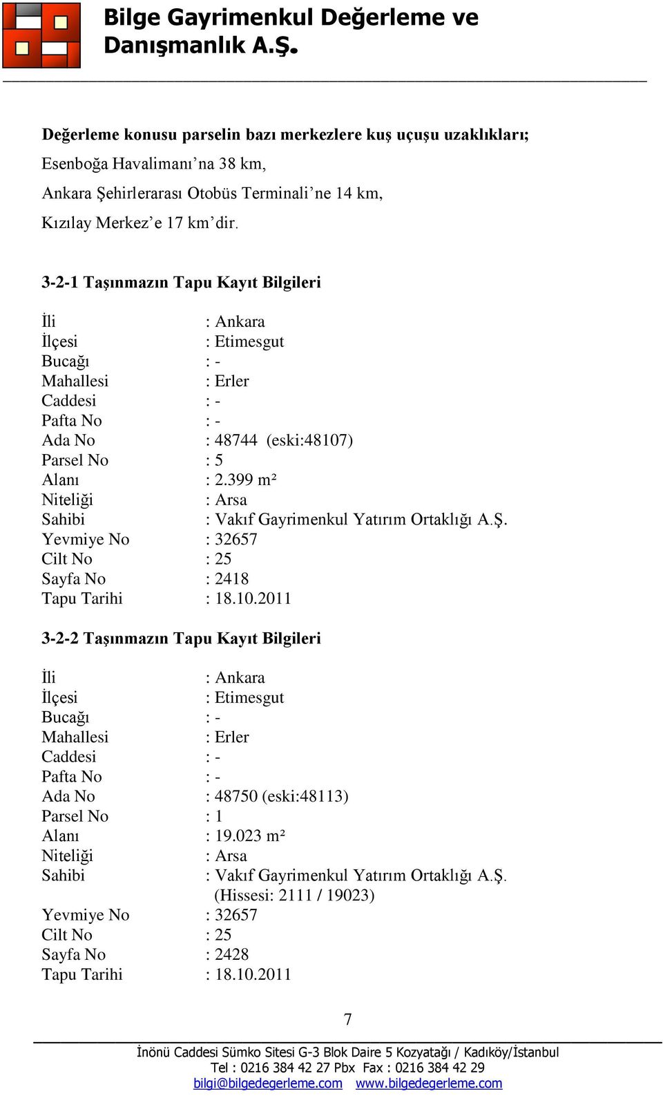 399 m² Niteliği : Arsa Sahibi : Vakıf Gayrimenkul Yatırım Ortaklığı A.Ş. Yevmiye No : 32657 Cilt No : 25 Sayfa No : 2418 Tapu Tarihi : 18.10.