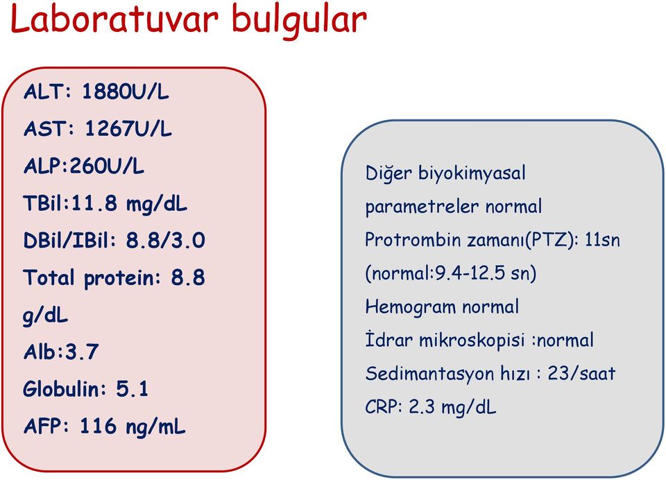 1 AFP: 116 ng/ml Diğer biyokimyasal parametreler normal Protrombin zamanı(ptz):