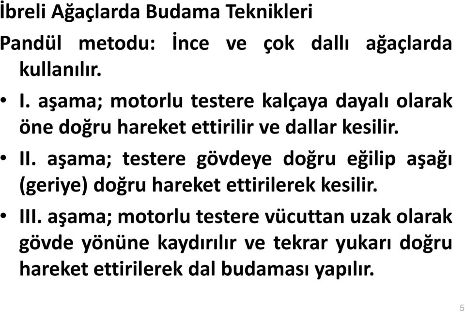 aşama; testere gövdeye doğru eğilip aşağı (geriye) doğru hareket ettirilerek kesilir. III.