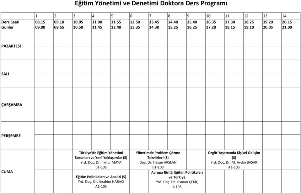 00 PAZARTESİ SALI ÇARŞAMBA PERŞEMBE CUMA Türkiye de Eğitim Yönetimi Sorunları ve Yeni Yaklaşımlar (S) Yrd. Doç. Dr.