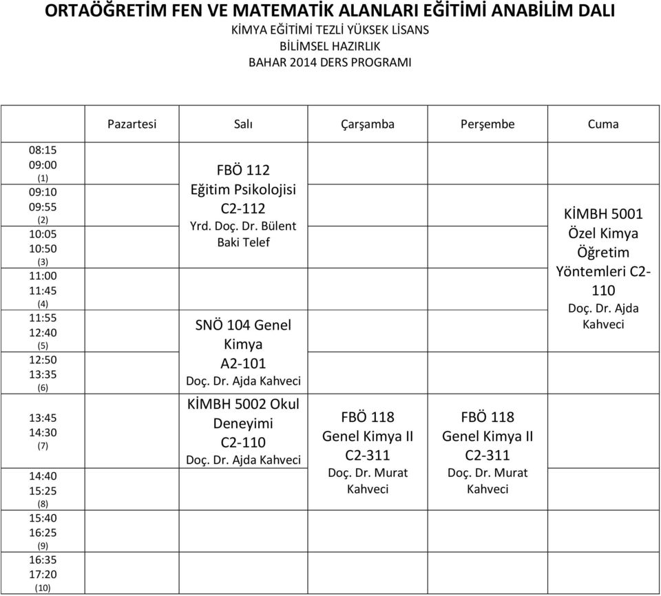 Bülent Baki Telef 10:05 10:50 (3) 11:00 11:45 (4) 11:55 12:40 (5) 12:50 13:35 (6) 13:45 14:30 (7) 14:40 15:25 (8) 15:40 16:25 (9) 16:35 17:20 (10) SNÖ 104 Genel Kimya