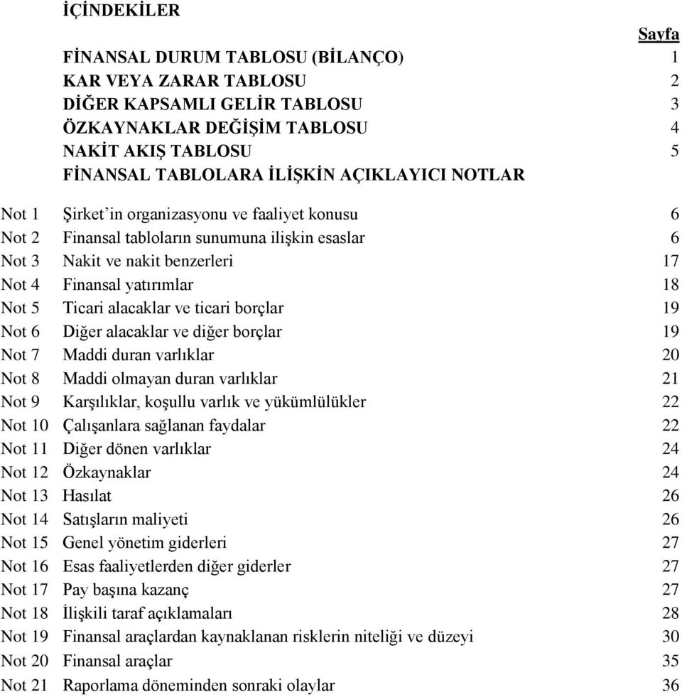 alacaklar ve ticari borçlar 19 Not 60 Diğer alacaklar ve diğer borçlar 19 Not 70 Maddi duran varlıklar 20 Not 80 Maddi olmayan duran varlıklar 21 Not 90 Karşılıklar, koşullu varlık ve yükümlülükler