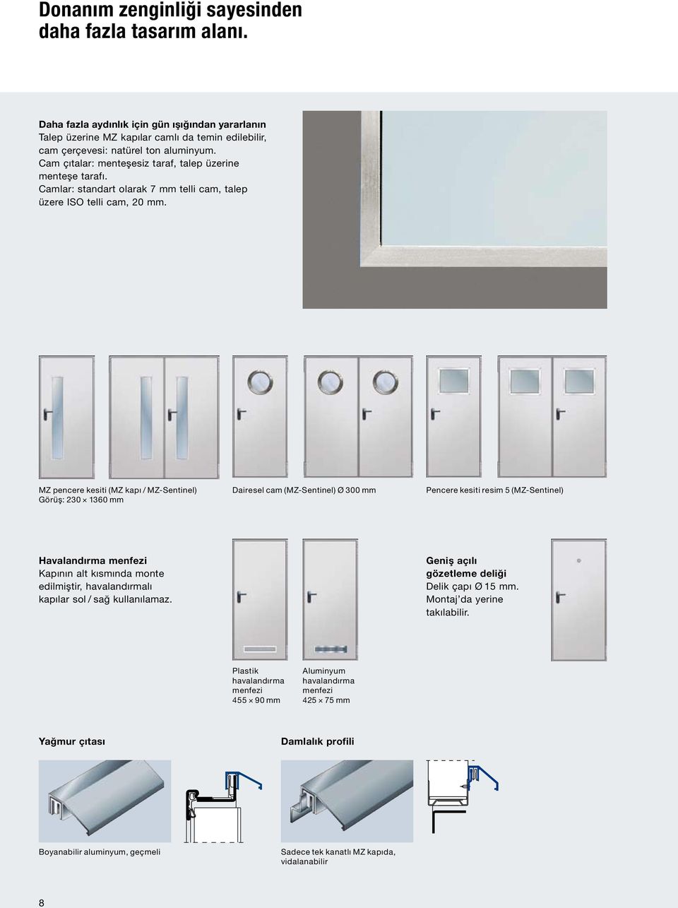 MZ pencere kesiti (MZ kapı / MZ-Sentinel) Görüş: 230 1360 mm Dairesel cam (MZ-Sentinel) Ø 300 mm Pencere kesiti resim 5 (MZ-Sentinel) Havalandırma menfezi Kapının alt kısmında monte edilmiştir,