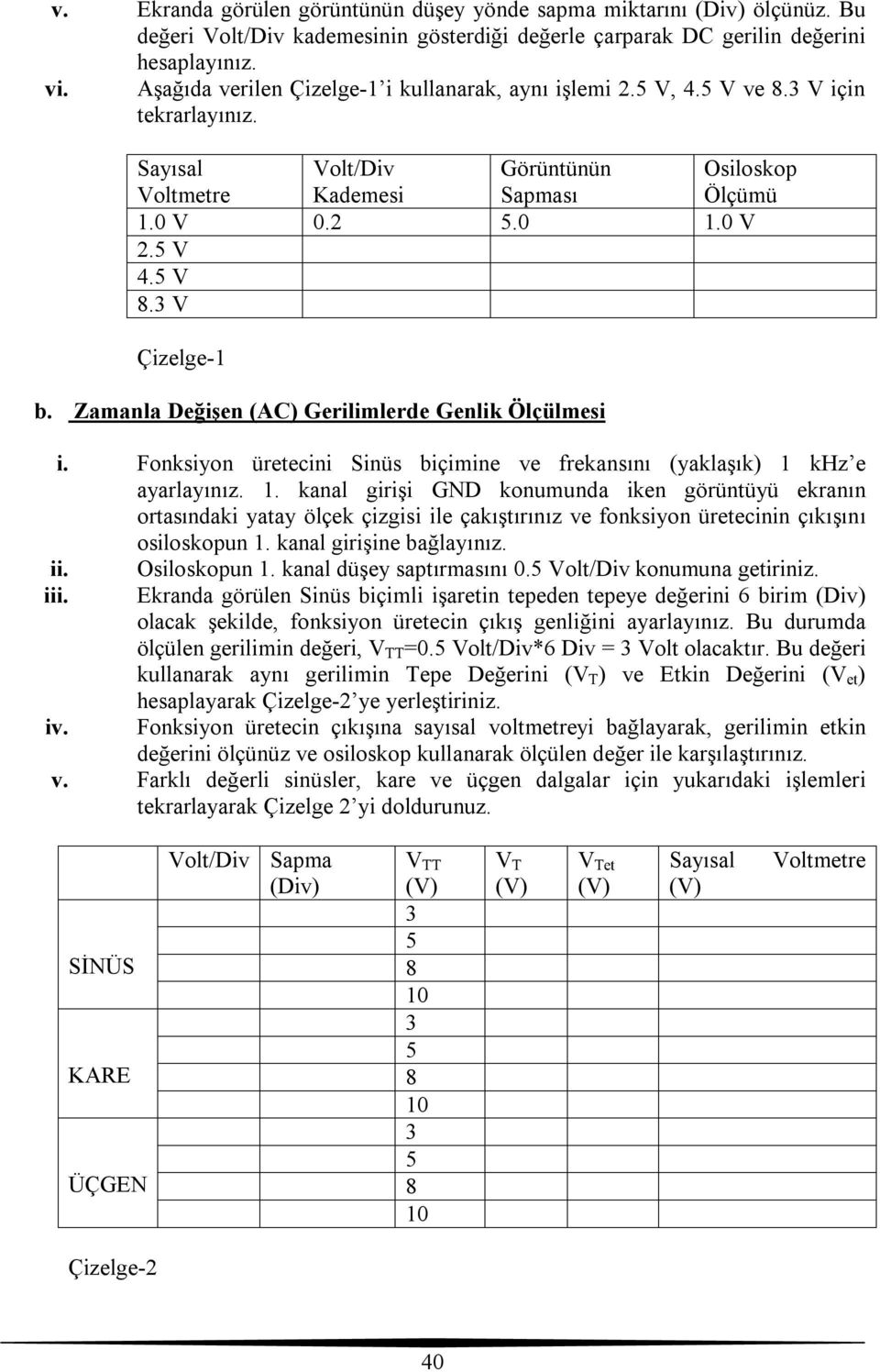 3 V Çizelge-1 b. Zamanla Değişen (AC) Gerilimlerde Genlik Ölçülmesi i. Fonksiyon üretecini Sinüs biçimine ve frekansını (yaklaşık) 1 