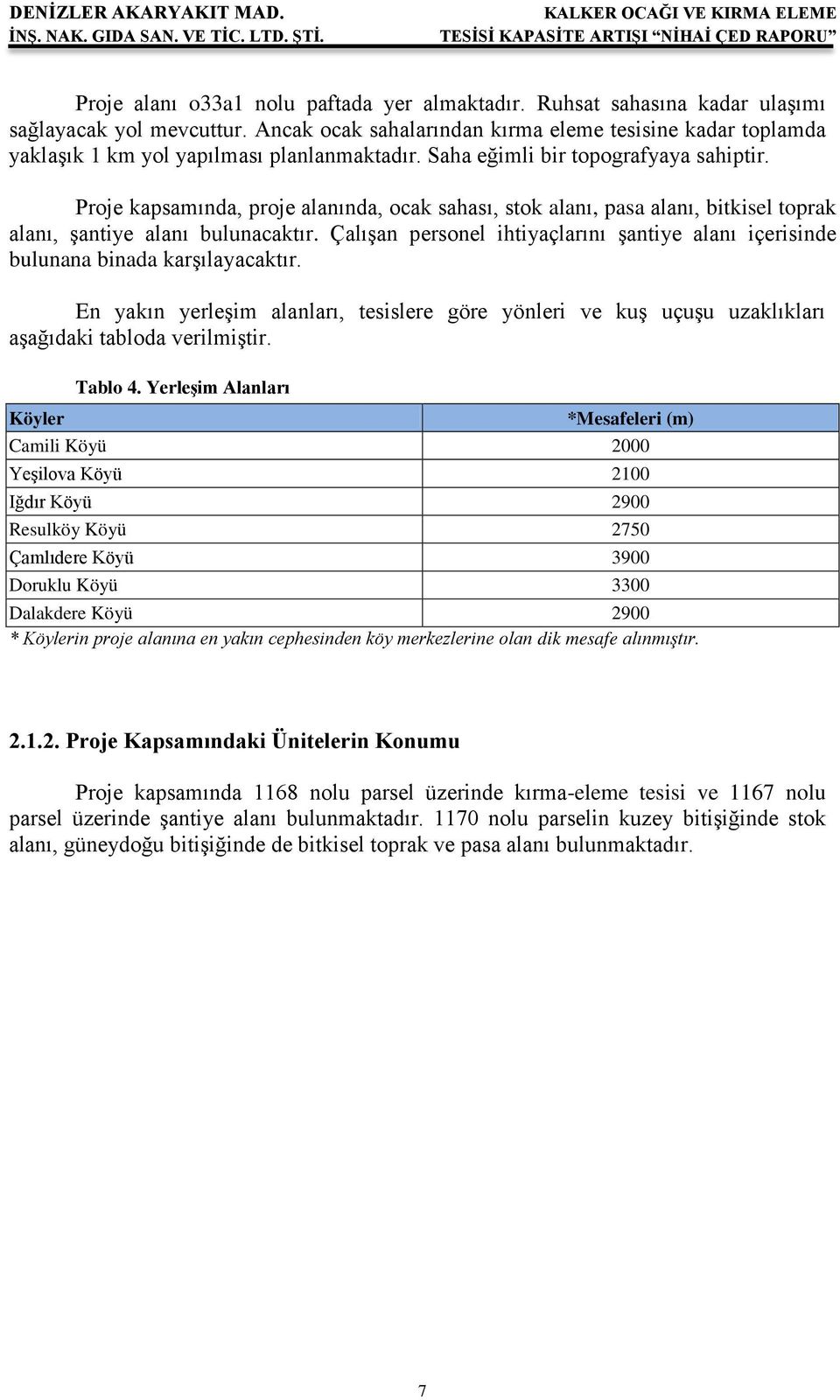 Proje kapsamında, proje alanında, ocak sahası, stok alanı, pasa alanı, bitkisel toprak alanı, şantiye alanı bulunacaktır.