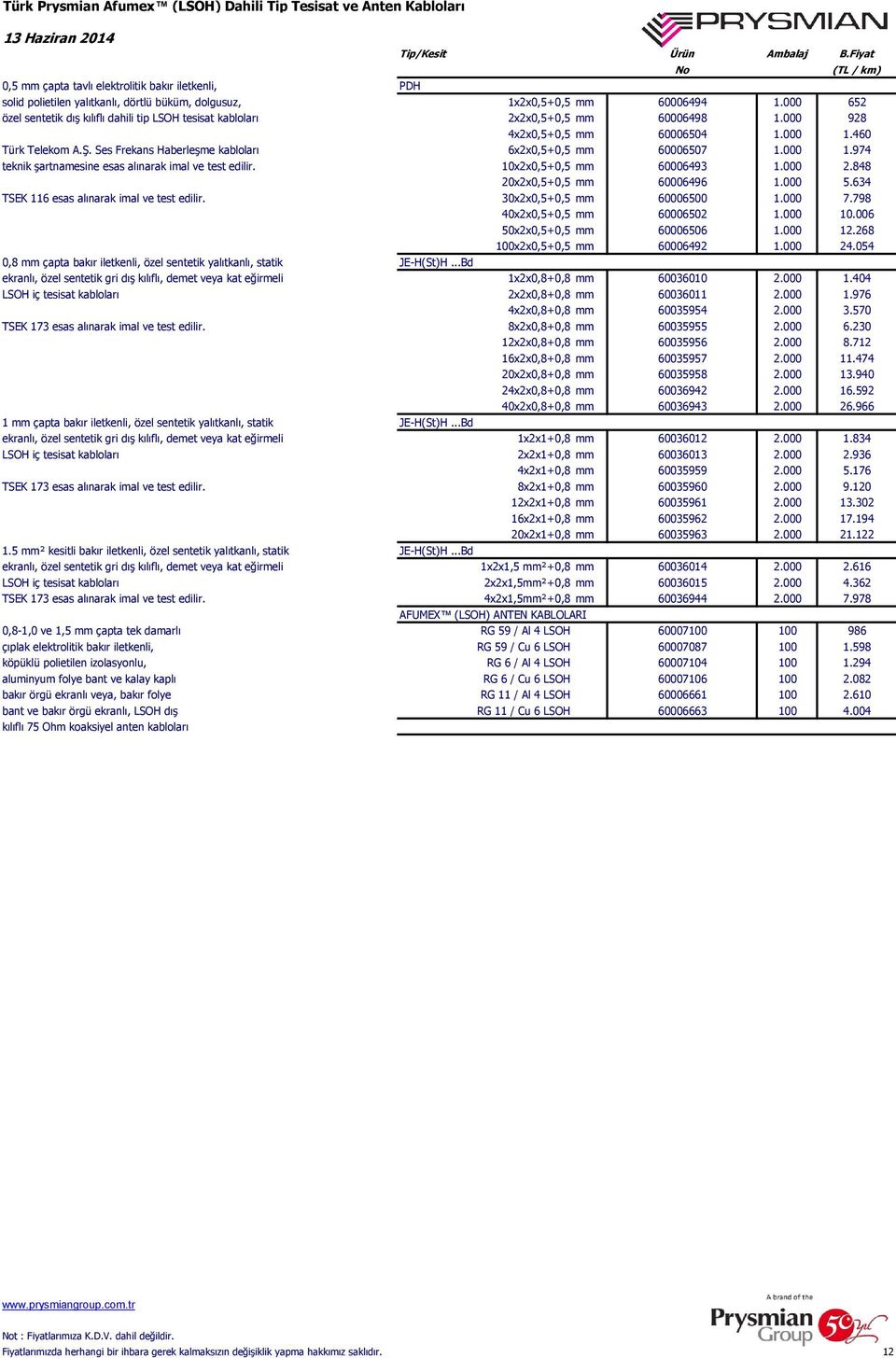 Ses Frekans Haberleşme kabloları 6x2x0,5+0,5 mm 60006507 1.000 1.974 teknik şartnamesine esas alınarak imal ve test edilir. 10x2x0,5+0,5 mm 60006493 1.000 2.848 20x2x0,5+0,5 mm 60006496 1.000 5.