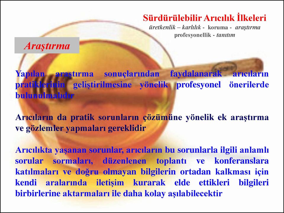 gözlemler yapmaları gereklidir Arıcılıkta yaşanan sorunlar, arıcıların bu sorunlarla ilgili anlamlı sorular sormaları, düzenlenen toplantı ve konferanslara