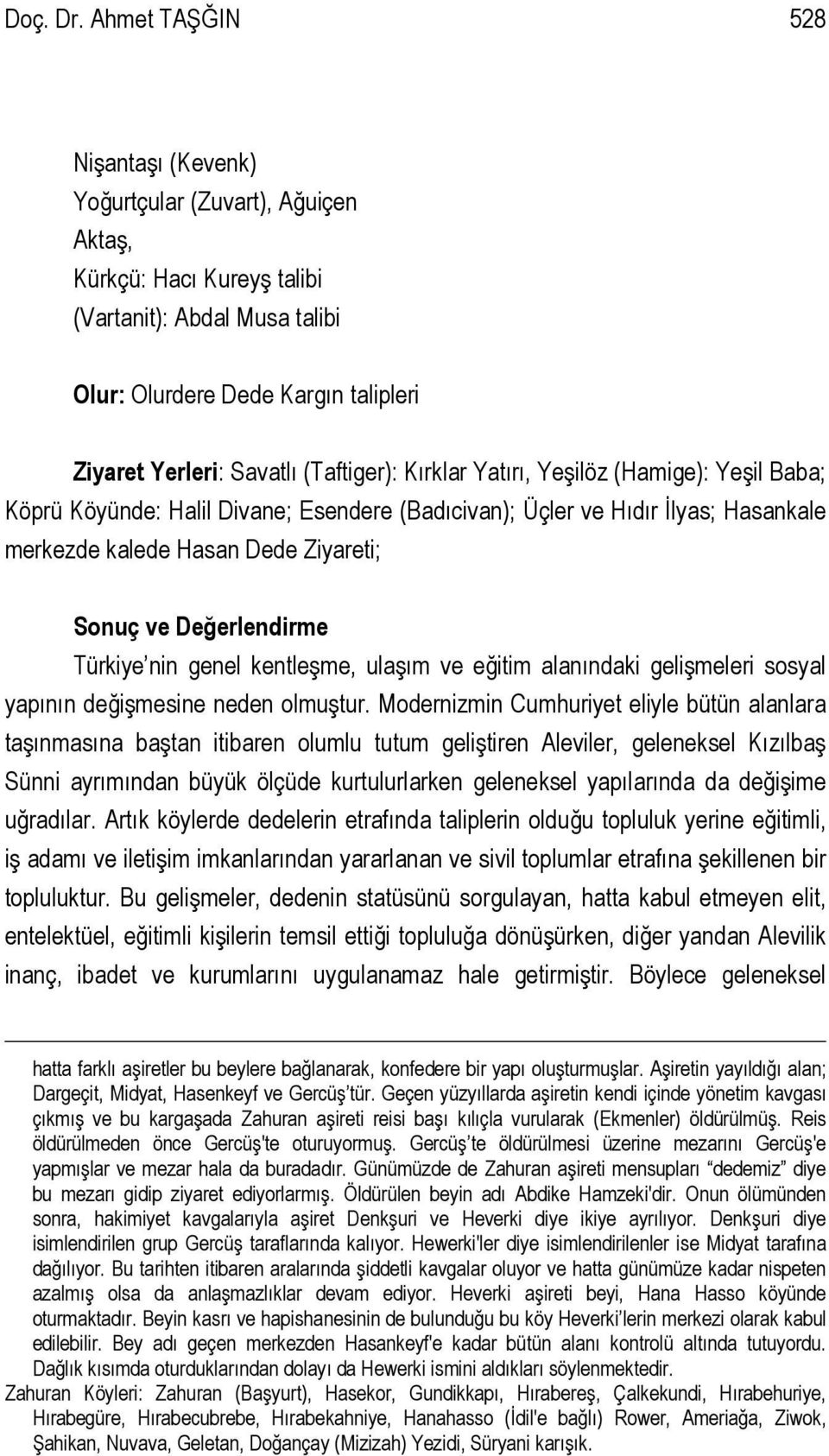 (Taftiger): Kırklar Yatırı, Yeşilöz (Hamige): Yeşil Baba; Köprü Köyünde: Halil Divane; Esendere (Badıcivan); Üçler ve Hıdır İlyas; Hasankale merkezde kalede Hasan Dede Ziyareti; Sonuç ve