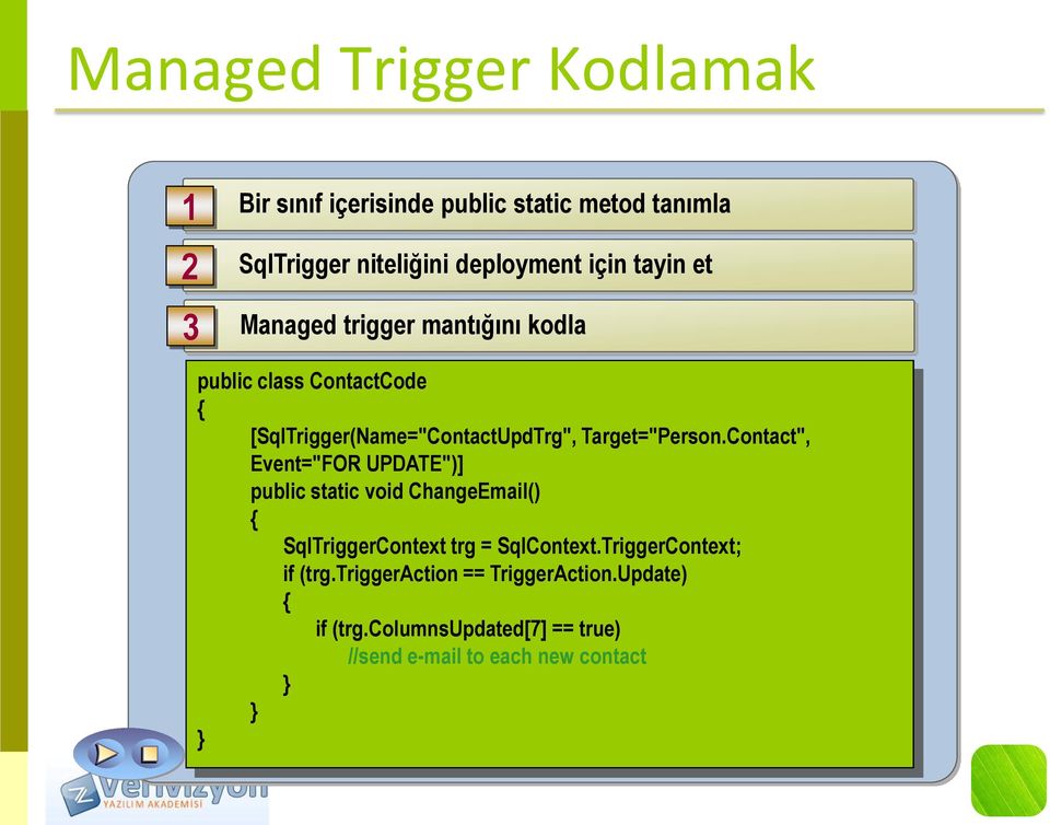 Contact", Event="FOR UPDATE")] public static void ChangeEmail() { SqlTriggerContext trg = SqlContext.