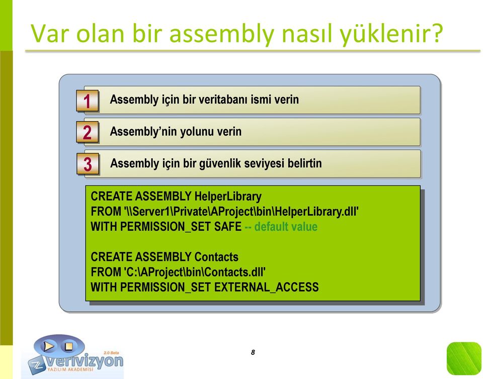 güvenlik seviyesi belirtin CREATE ASSEMBLY HelperLibrary FROM