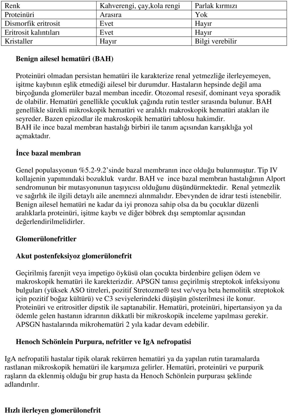 Hastaların hepsinde değil ama birçoğunda glomerüler bazal memban incedir. Otozomal resesif, dominant veya sporadik de olabilir. Hematüri genellikle çocukluk çağında rutin testler sırasında bulunur.