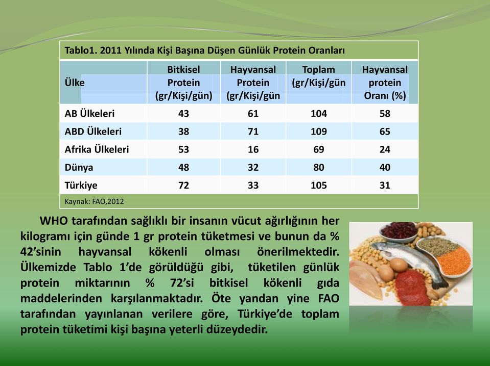 ağırlığının her kilogramı için günde 1 gr protein tüketmesi ve bunun da % 42 sinin hayvansal kökenli olması önerilmektedir.